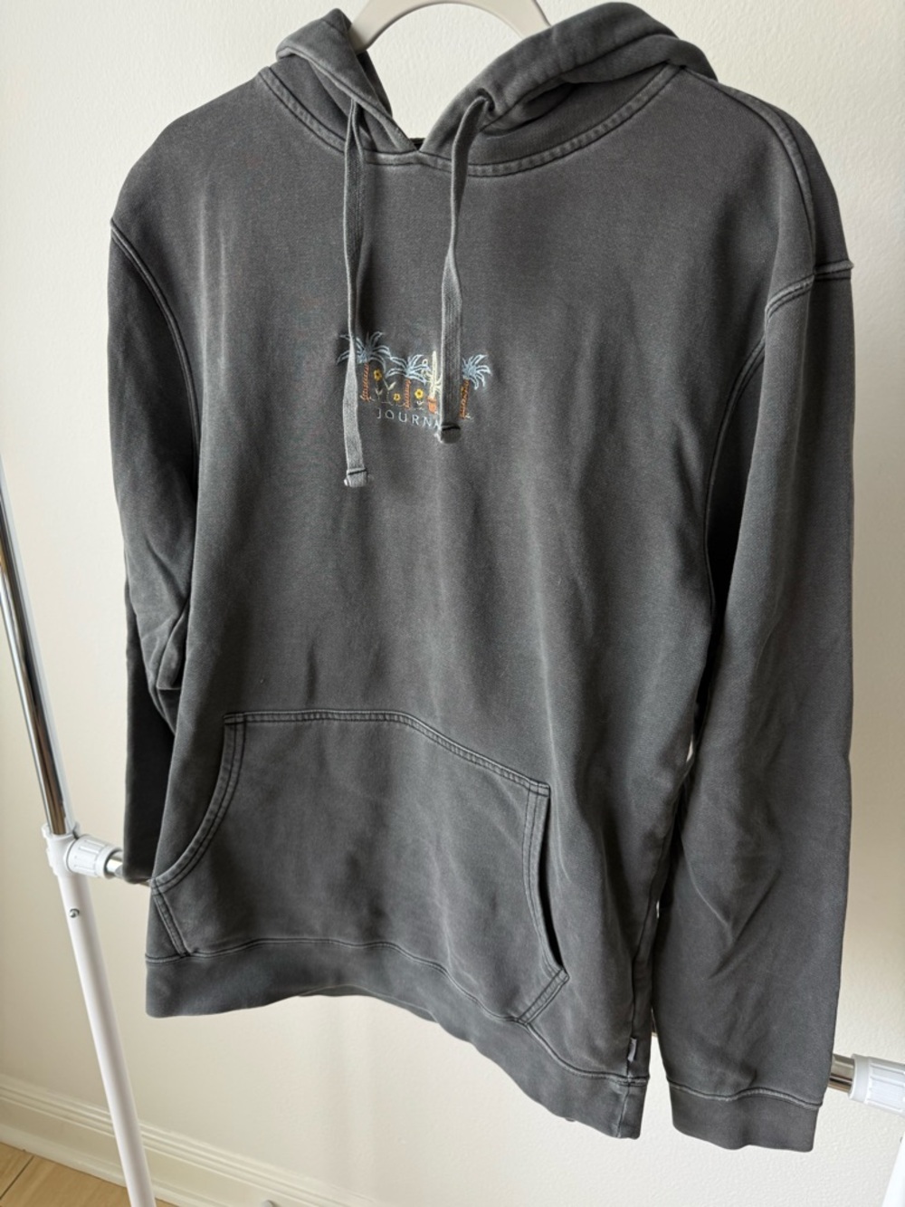 Charcoal Gray Crewneck Hoodie with Tropical Chest Graphic